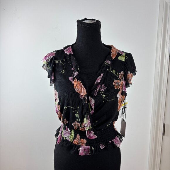 1. State Black‎ Floral V-Neck Ruffled Flutter Sleeve Cropped Blouse - Sz S - NWT - Picture 1 of 6